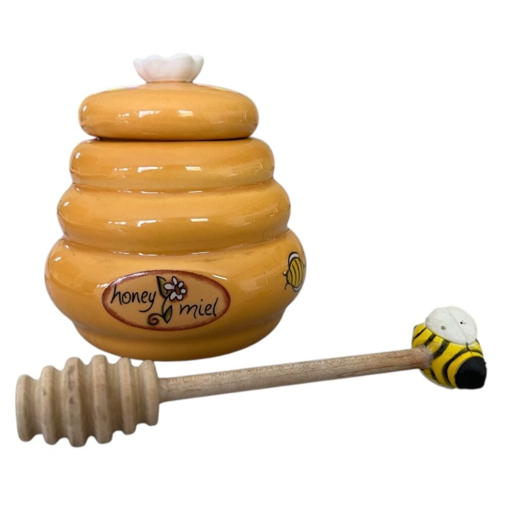 Joie Mini Ceramic Beehive Honey Pot and Woven Dipper (Honey/Miel)